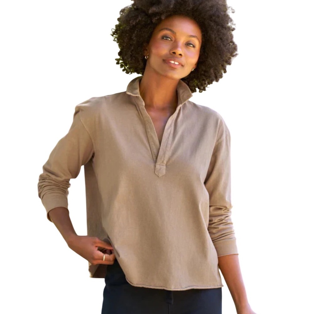 Frank & Eileen Patrick Popover Frayed Raw Hem Top Taupe‎ Size XS Retail: $158